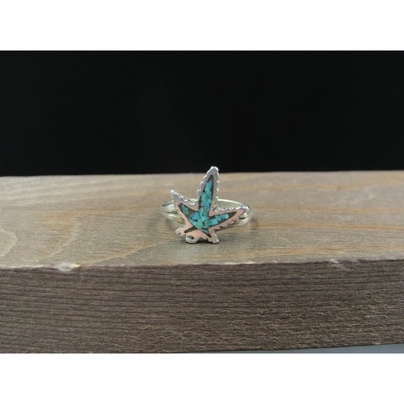 Size 4.25 Sterling Silver Turquoise Chip Inlay Leaf Band Ring Vintage Statement - Picture 1 of 8